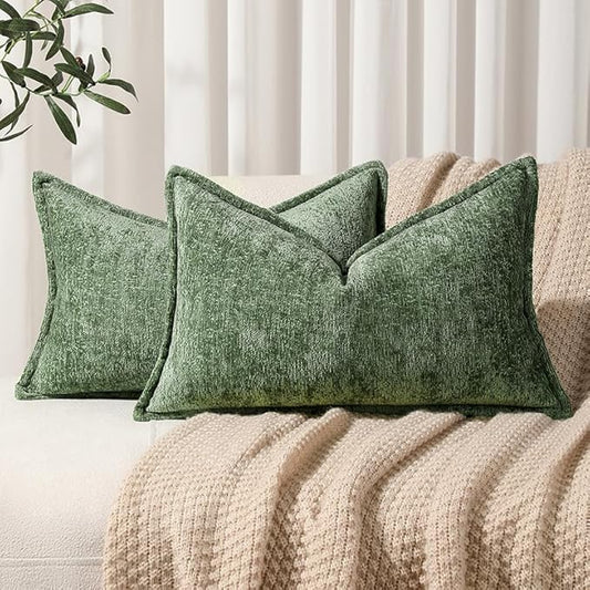 DEZENE Pack of 2 Forest Green Christmas Decorative Throw Pillow Covers 12x20 Cozy Soft Chenille Accent Vintage Rectangular Lumbar Couch Pillow Covers for Home Decor Bed Sofa Living Room