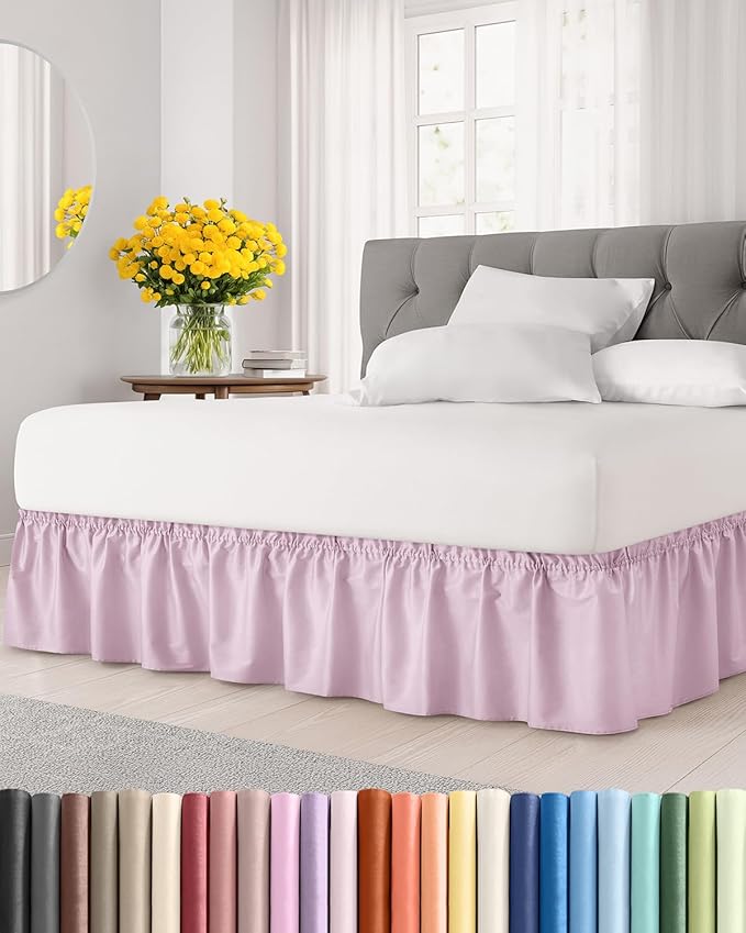 Wrap Around Dust Ruffle Bed Skirt - Light Pink - for King Size Beds with 15 Inch Drop - Elastic Strap - Adjustable Pleated Bedskirt with Brushed Fabric and Wrinkle Free - for Women, Men, Kids & Teens