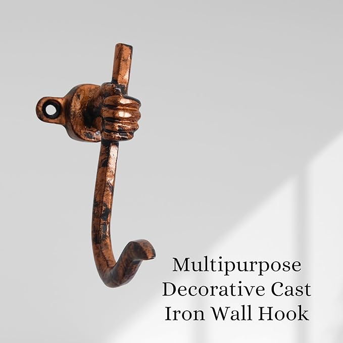 Set of 3 Cast Iron Unique Hand Hook Shape Coat Hooks Wall Art Decor-Hand Shape Hangers and Key Holder-Clothes Rack and Backpack Hanger-Coat Hooks Home Decor for Storage, Living Room (Copper Antique)
