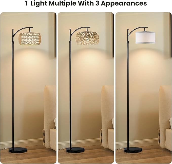 Yusist Arc Floor Lamp for Living Room,Farmhouse Floor Lamps with Remote Control & Dimmable Bulb, Boho Rattan Tall Standing Lamp for Bedroom Office