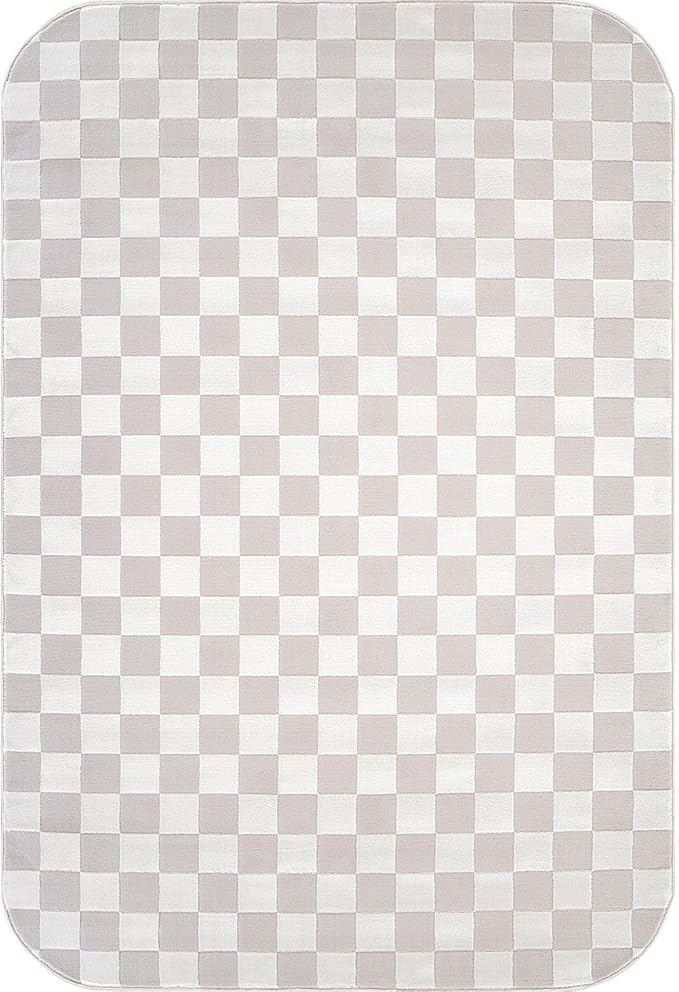 Beverly Rug Modern Geometric Area Rug 5x7 Low-High Pile Durable Soft Abstract Checkered Indoor Rugs for Living Dining Room Office Stain Resistant Non Shedding Casual Indoor Carpet Beige White 5 x 7