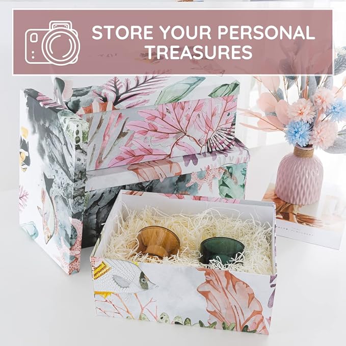 Soul & Lane Ocean Treasures Modern Home Décor Keepsake Boxes - Set of 3: Beach-Themed Photo Storage with Lids, Decorative Cardboard Nesting Gift Containers, Paper Mache Rectangle Boxes