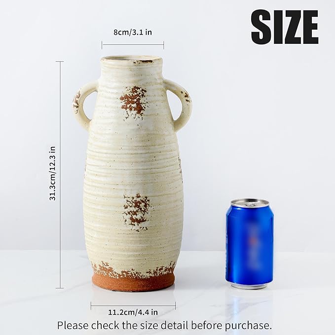 Ceramic Flower Vase with Handles, 12 inch Tall Vase for Centerpieces, Large Decorative Terracotta Vases, Farmhouse Rustic Vases for Home Decor, Living Room, Table, Neutral