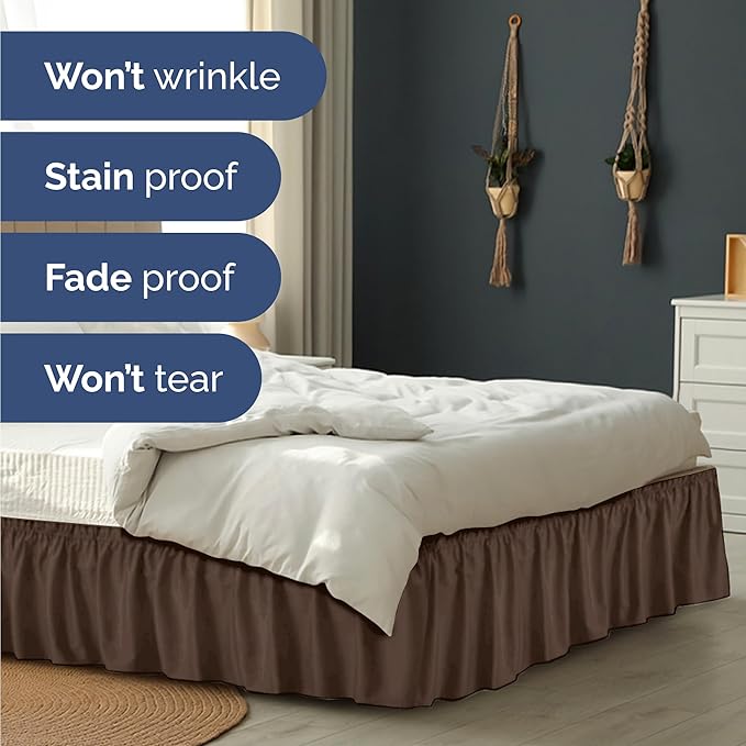 Wrap Around Dust Ruffle Bed Skirt - Brown - for King Size Beds with 24 Inch Drop - Easy Fit Elastic Strap - Adjustable Pleated Bedskirt w/Brushed Fabric - Wrinkle Free - for Women, Men, Kids & Teens