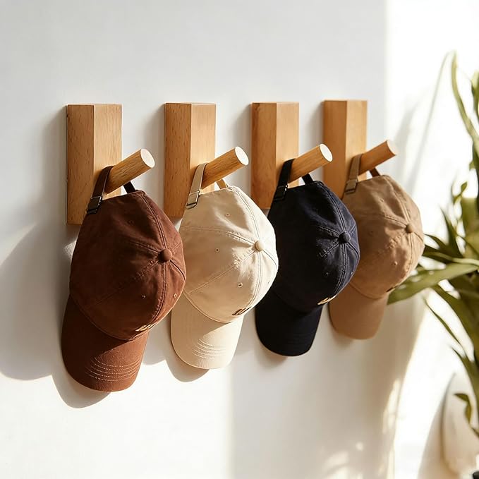 HomeDo 4Pack Adhesive Wall Hooks Hat Rack, Wooden Coat Hooks Wall Mounted, Decorative Hooks Single Organizer Hat Hanger Towel Rack, Heavy Duty Hooks (Rectangle-Beech,4P)