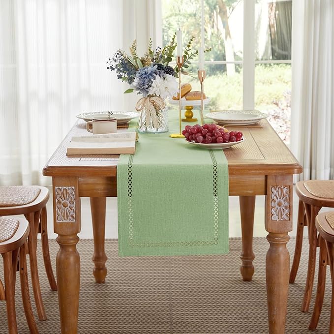 Burlap Style Farmhouse Table Runner, 13 x 90 Inch Avocado Green, Rustic Geometric Hollow Table Runners 90 Inches Long for Dresser Table Everyday Use, 13x90 Inches, Avocado Green