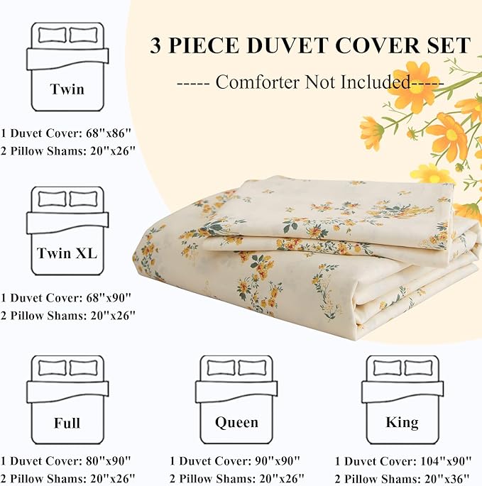 LifeTB Yellow Floral Duvet Cover 3 Piece Cotton Floral Cottagecore Bedding Sets Chic Flower Vintage Style Comforter Cover 1 Duvet Cover with 2 Pillow Shams, Full(80''x90'')