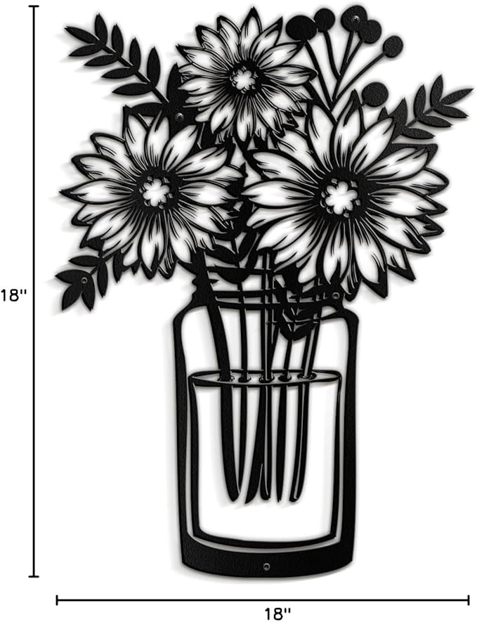 SIGNLEADER Metal Wall Art Decor Sunflowers in Vase Minimalist Modern Abstract Wall Sculpture Hangings Home Decoration for Living Room, Bedroom, Bathroom, Kitchen, Outdoor - 18" Black