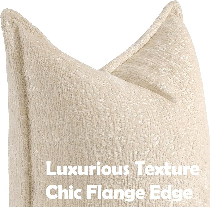 DEZENE Pack of 2 Beige Decorative Throw Pillow Covers 12x20 Cozy Soft Chenille Boho Accent Vintage Farmhouse Rectangular Lumbar Couch Pillow Covers for Home Decor Bed Sofa Living Room