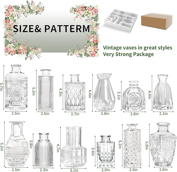 KUAGUINZUHE 12 Pcs Glass Bud Vase Set, Small Clear Vintage Flower Vases for Wedding Centerpieces in Bulk, Mini Embossed Vases for Home Table Decor, Party, Baby Shower Decorations