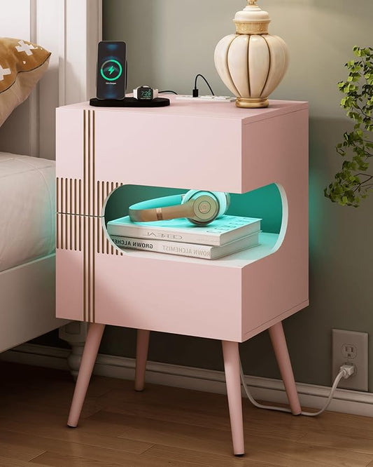 White Nightstand with Charging Station and LED Lights,Modern Bedside Table with 2 Storage Drawer,Night Stand with Solid Wood Legs,White (Pink)