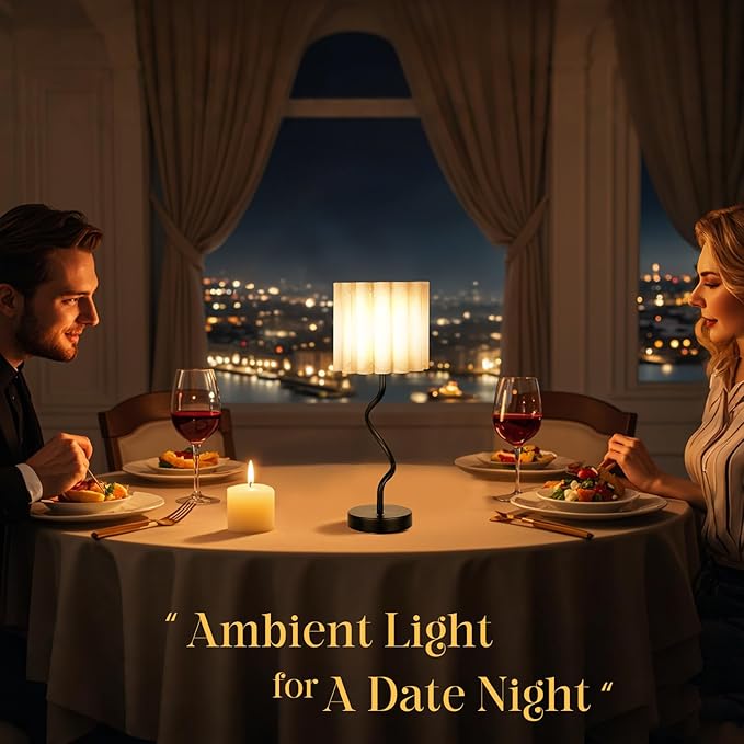 Cordless Scalloped Table lamp, Modern Black Lamp for Bedside Restaurant Dining Table, 5200-mAh Rechargeable Battery, 3-Level Brightness Dimmable, Build-in Integrated LED 320 Lumen Max