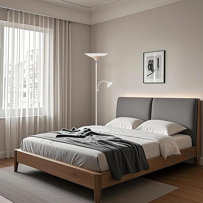 SIBRILLE Torchiere Floor Lamp with Wood Grain Shade, 72" Dimmable LED Standing Lamp with Remote, 2-in-1 Floor Reading Lamp with Color Changing, 34W White Corner Lamp for Living Room Bedroom Office