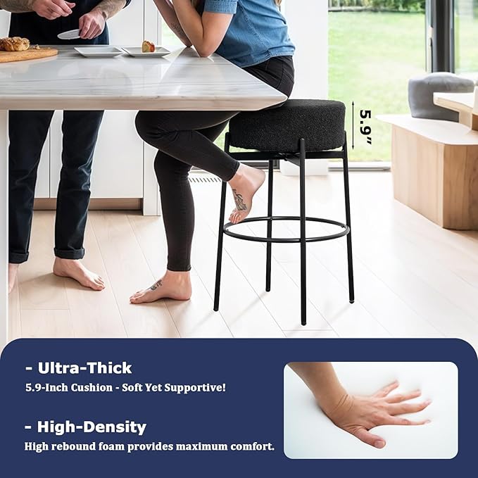 SoarFlash Modern Rotatable Bar Stools Set of 2, 30" Sherpa Swivel Counter Height Stools with Round Soft Padded Boucle Backless Seat, Black