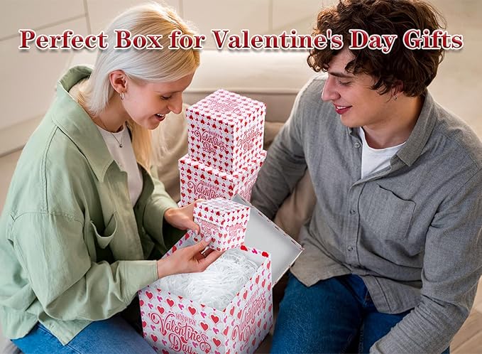 JWSCYSY 6PCS Valentine's Day Nesting Gift Boxes with Lid, Square Gift Boxes with Ribbon, Decorative Boxes Assorted Size for Valentine's Day Presents Wrapping, Party Favor Boxes (White)