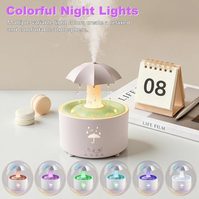 2-in-1 Raindrop Humidifier Oil Diffuser, Essential Oil Diffuser with 360° Rotating Raindrop & 7 LED Mood Lights, Rain Sounds for Sleeping, Quiet Cool Mist Humidifier for up to 24 Hrs,Ideal for Home