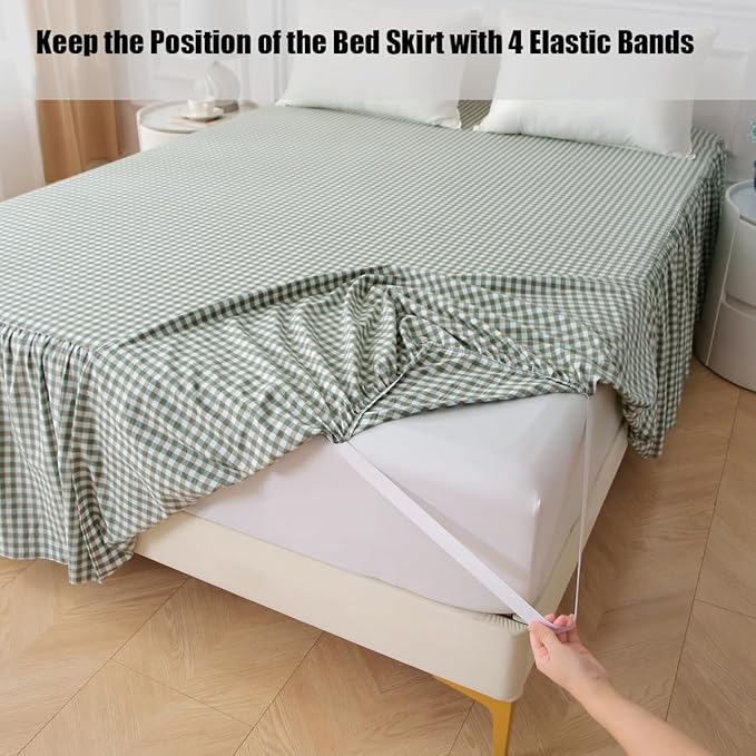 Silnuo Sage Green Plaid Bed Skirt Washed Cotton Shabby Gingham Checkered Dust Ruffle King Size 14" Bedding(1 Bed Skirt Only)