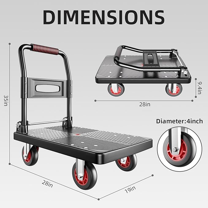 Upgraded Foldable Push Cart Dolly,560 lbs. Capacity Moving Platform Hand Truck,Heavy Duty Space Saving Collapsible,4‘’ TPR 360-Degree Silent Wheels,2 Swivel Wheels and 2 Fixed Wheels