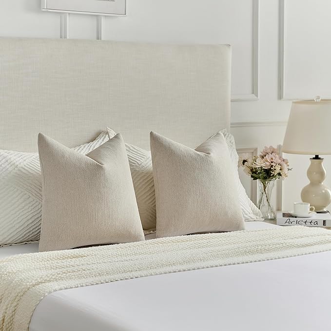 FUTEI Beige Chenille Decorative Throw Pillow Covers 26x26 Inch Set of 2,Soft Cozy Faux Linen Textured Euro Pillow Shams,Farmhouse Home Decor for Couch Living Room