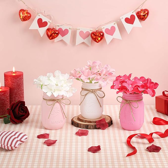 Valentines Mason Jar Centerpiece for Table with Wood Tray, Pink Painted Decorative Mason Jars for Valentines Decorations Table Kitchen Decor, Mothers Day Mason Jar, Mom Gift for Women