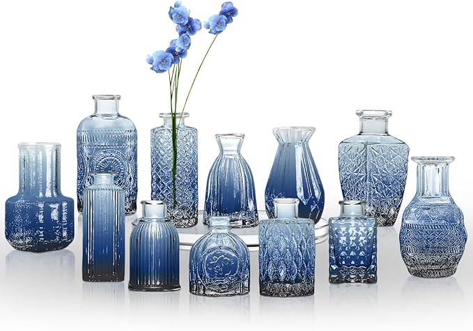 KUAGUINZUHE 12 Pcs Glass Bud Vase Set, Small Blue Vintage Flower Vases for Wedding Centerpieces in Bulk, Mini Embossed Vases for Home Table Decor, Party, Baby Shower Decorations