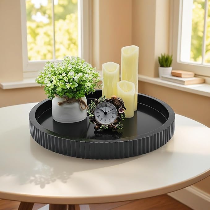 Carah & Cossh Round Wooden Serving Tray, Black Round Decorative Wood Tray, Modern Decorative Tray, Perfect for Storage and Display (Black B)