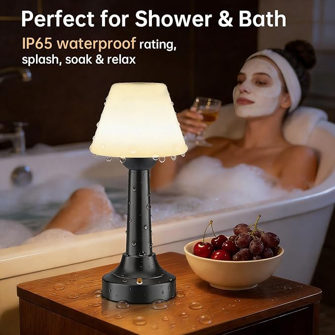 TRRMEZY Cordless Shower Lamp Waterproof, 18-Hour Rechargeable Battery Operated Outdoor Lamp, Dimmable Touch Table Lamp, IP65 Wireless LED Night Light for Bathroom Patio Camping Restaurant Bar Home