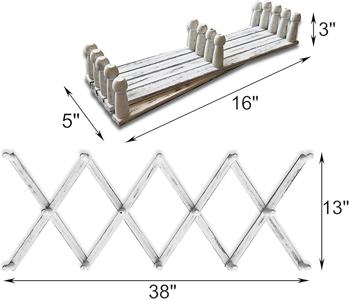 Expandable Wooden Coat Rack Hanger - Large Accordion Hanger with Expanding Pegs | Hand Made Rustic Wooden Hat Rack for Wall | Hang Coat, Jacket, Hat | Wall Rack – 14 Hook, Distressed White