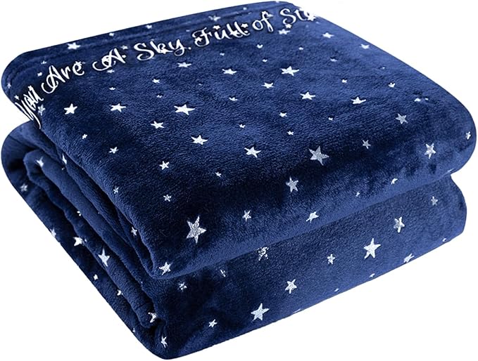 NANPIPER Fleece Blankets,Soft Fuzzy Star Foil Print Throw,Embroidered Letter Gift,Luxury Cozy Microfiber Twin Size,65"x 80" Navy