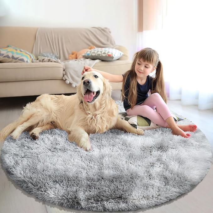 Tie-Dyed Fluffy Round Rug,Soft Area Rugs for Girls Room,Shaggy Rugs 4'X4' for Living Room,Non Slip Circle Rug for Kids Bedroom,Shag Plush Nursery Rug,Plush Carpet for Dorm,Furry Room Decor,Light Grey