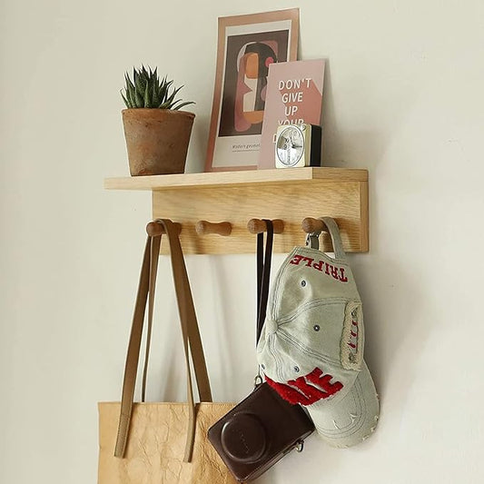 Entrance Coat Rack ，Coat Hooks, Wall-Mounted Wooden Hook Rack, Wall-Mounted Shelves are Very Suitable (Oak Colored Finish—A-1)