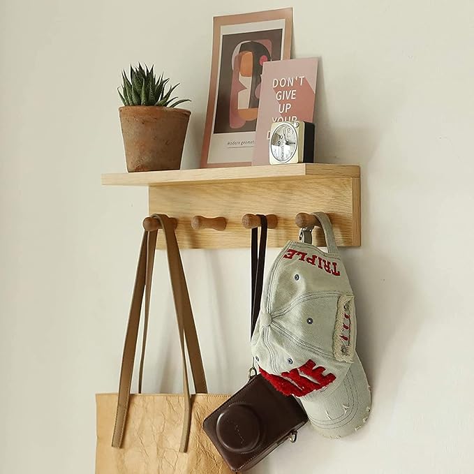 Entryway Coat Rack Hooks with Shelf, Sturdy Wooden Floating WallOrganizer Shelf with 4 Hooks siutable for Entrance, Mudroom, Kitchen, Bathroom,.etc(2pc-Oak Finish)