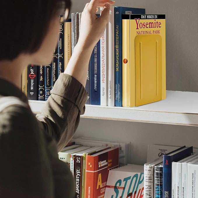 Acrimet Steel Metal Bookends for Shelves, Heavy Duty, for Large Books, 6 7/8" Tall X 4" Wide X 4 1/2" Deep, Yellow Colored, 1 Pair