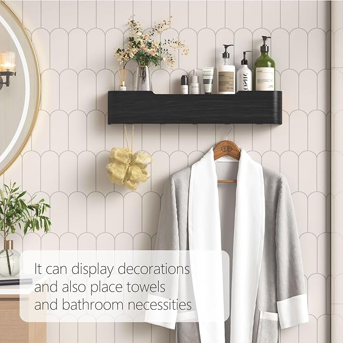 Coat Rack Wall Mount with Shelf 5 Hidden Hooks Modern Wooden Key Holder Entryway Organizer for Hallway Bedroom Bathroom Home Decor Storage for Hanging Coats Hats Bags Towels, Black