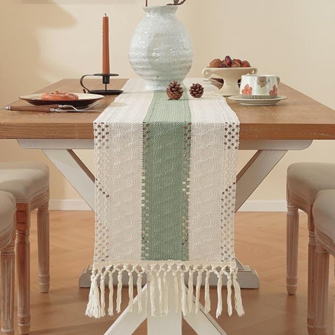 Niviy Sage Green Table Runner 72 Inches Long with Tassels, Seasonal Spring Summer Washable Embroidered Striped Braided Green and Beige Boho Table Runners for Holiday Party 12 x 72 Inches