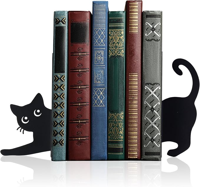 Geelin Stretching Black Cat Metal Bookends Set of 2 Styles Book Ends for Shelves Decorative Bookshelf Home Office Desk Bookshelf Decor Gift for Cat Lovers and Reading Enthusiasts
