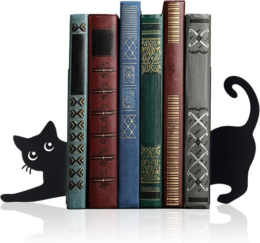 Geelin Stretching Black Cat Metal Bookends Set of 2 Styles Book Ends for Shelves Decorative Bookshelf Home Office Desk Bookshelf Decor Gift for Cat Lovers and Reading Enthusiasts