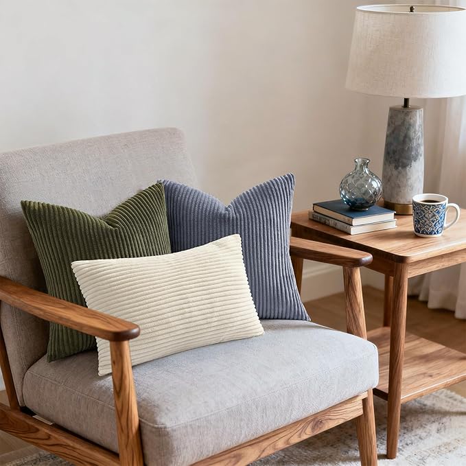 Mecatny Corduroy Decorative Throw Pillow Covers 16x16 Set of 2 for Sofa Living Room, Soft Neutral Boho Couch Pillow Covers for Home Decor, Blue Grey