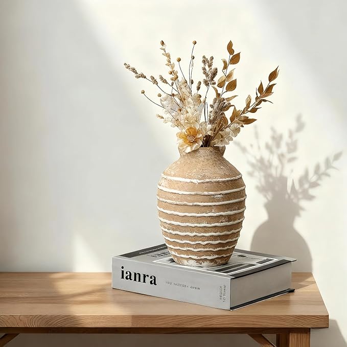 Ceramic Flower Vase, 6.7 inch Farmhouse Rustic Vintage Vases for Home Decor Table Living Room Entryway Book Shelf Fireplace Centerpiece (Rust)