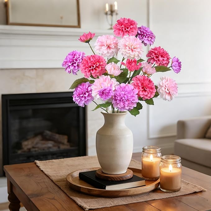 6Pcs Fake Artificial Pompon Mums Flowers Indoor with Long Stems Ball Chrysanthemum Faux Silk Flowers for Vase Floral Arrangement for Spring Home Decor Centerpieces for Table Kitchen Decoration