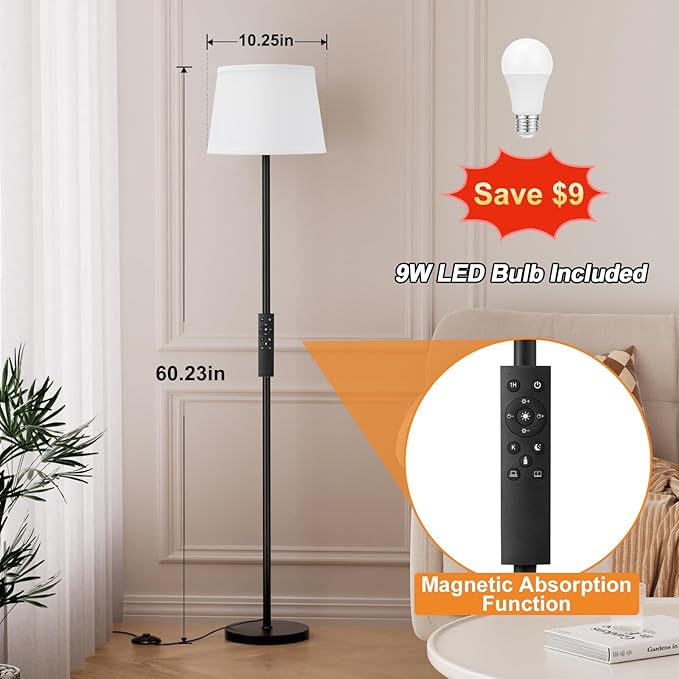 Raexpectis Modern Floor Lamp with Adjustable Brightness, Remote Control, Black, LED Bulbs, White Shade, Foot Switch, Easy Assembly