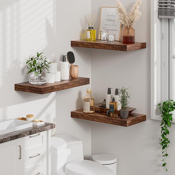Heimlove 12" Deep Floating Shelves for Wall, 24 Inch Wall Mounted Shelf Set of 2 for Books Living Room Laundry Room Bedroom Kitchen Home Office, Rustic Brown