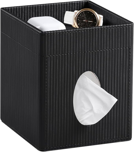 Square Tissue Box Cover with Tray, PU Leather Tissue Box Holder Decorative Cube Tissue Holder for Bathroom Bedroom Office (Black)