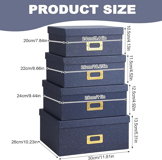 Eaasty Set of 4 Decorative Storage Boxes with Lids, Kraft Paper Boxes with Gold Label Holders, Decorative Photo Memory Keepsakes Storage, Cardboard Organizers for Home Decor, Office Organizing(Blue)