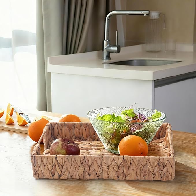 Water Hyacinth Rectangular Serving Tray for Coffee Table Natural Storage Baskets with Handles for Home and Kitchen Decor Set of 2