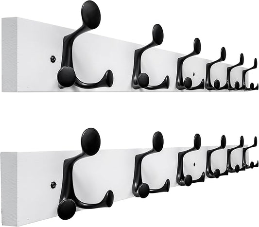 SKOLOO 36-Inch White Wood Coat Rack Wall Mount with 6 Triple Hooks - Ideal for Family Entrances, Classrooms, and Pet Supplies Storage - Perfect Coat Hooks for Wall, Pack of 2