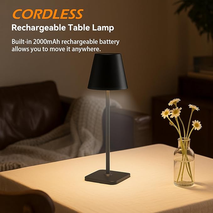 2-Pack Rechargeable Cordless Table Lamps, Battery-Operated Wireless Minimalist Table Lamp, 3 Colors Stepless Dimming LED Adjustable Height Table Lamp for Dining/Bedside/Camping (2, Black)