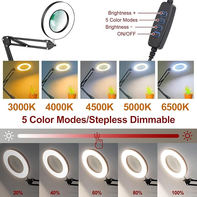 VITOTC 12X Magnifying Light with Stand, 2-in-1 Magnifier with Light Hands Free, Magnifying Glass, 5 Color Modes LED for Work Sewing Reading Hobby Craft Painting Close Work