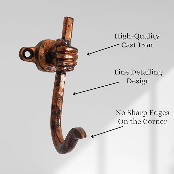Set of 3 Cast Iron Unique Hand Hook Shape Coat Hooks Wall Art Decor-Hand Shape Hangers and Key Holder-Clothes Rack and Backpack Hanger-Coat Hooks Home Decor for Storage, Living Room (Copper Antique)