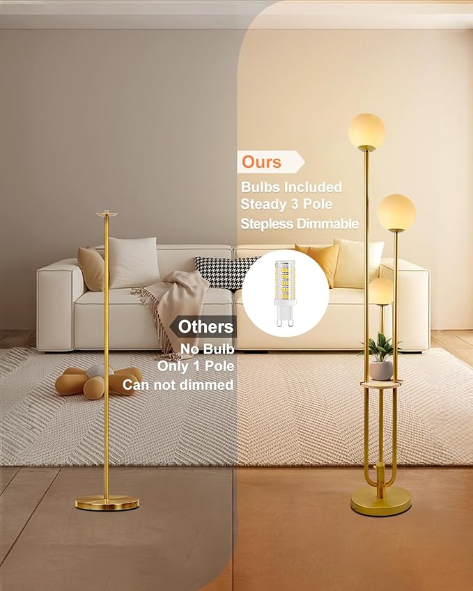 ACOHOOK 63IN Dimmable Floor Lamp with Shelf, Unique Globe Gold Tall Standing Lamps Candle Holder Style, 3000K Warmwhite Mid Century Modern Floor Lamp for Living Room Home Office(Bulbs Included)